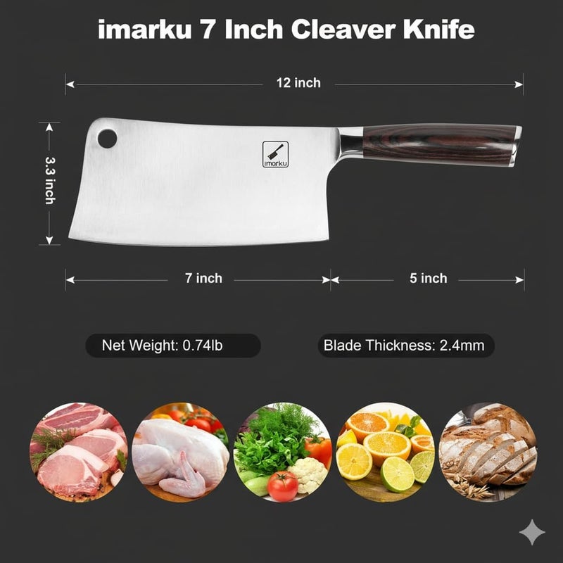 imarku Meat Cleaver 7 Inch, Razor Sharp Japanese High Carbon Steel Vegetable Cleaver Knife, Multipurpose Kitchen Chopper Butcher Knife for Home Kitchen & Restaurant, Ergonomic, Gifts for Men and Women - Image 3